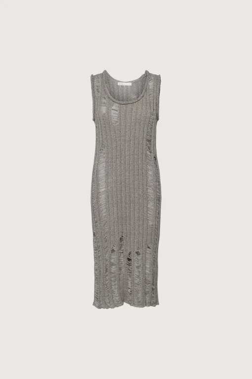 SLEEVELESS RIB-KNIT DISTRESSED MIDI DRESS