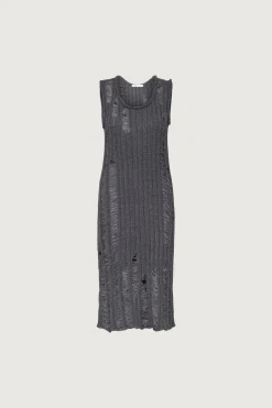 SLEEVELESS RIB-KNIT DISTRESSED MIDI DRESS