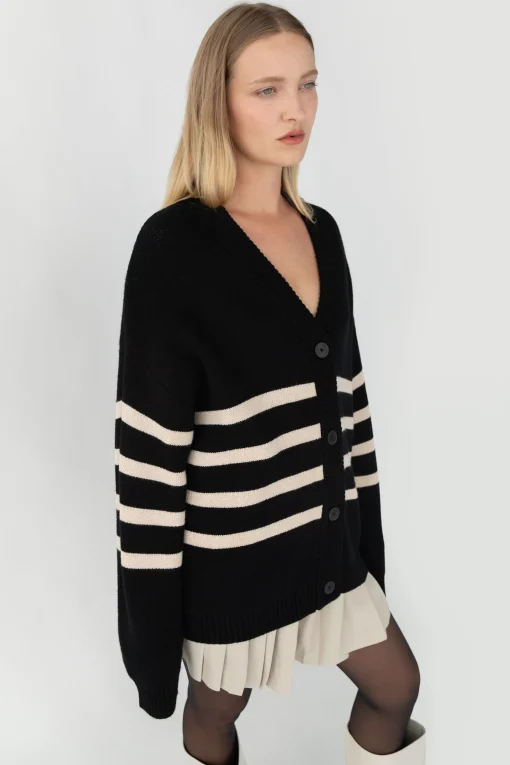STRIPED BUTTON FRONT CARDIGAN