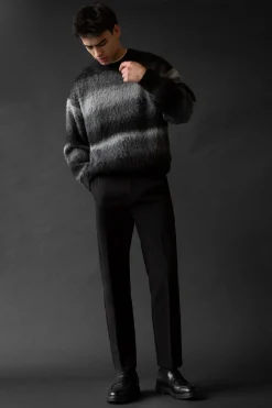STRIPED TEXTURED KNIT CREWNECK SWEATER
