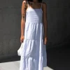 STRIPED TIERED MIDI DRESS
