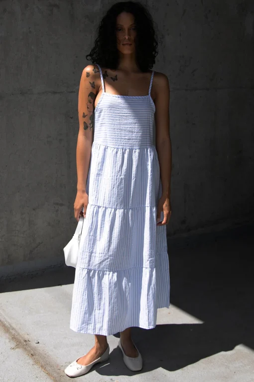 STRIPED TIERED MIDI DRESS