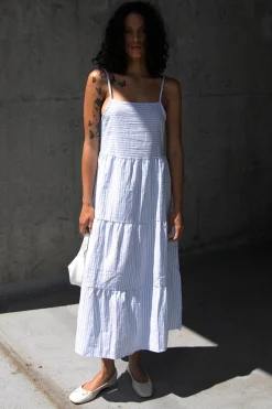 STRIPED TIERED MIDI DRESS