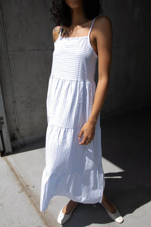 STRIPED TIERED MIDI DRESS