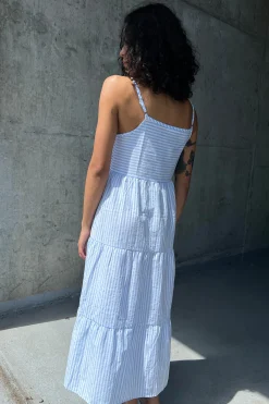 STRIPED TIERED MIDI DRESS