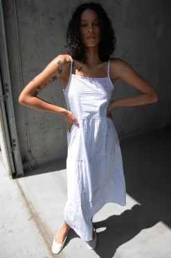 STRIPED TIERED MIDI DRESS