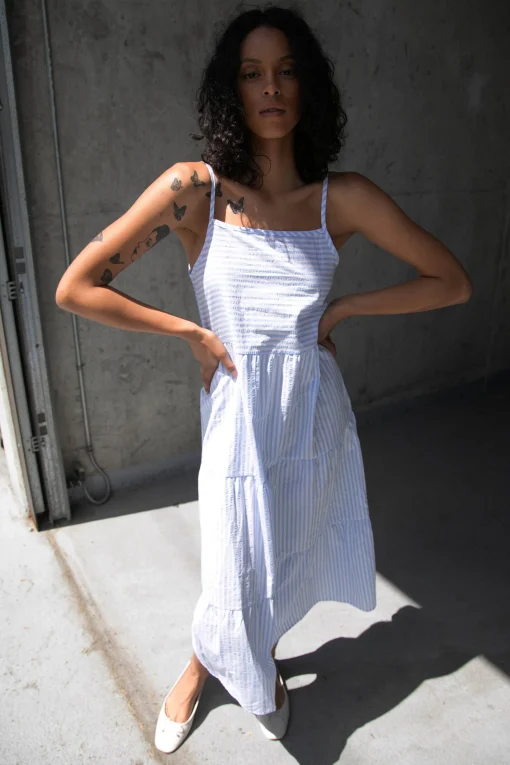 STRIPED TIERED MIDI DRESS