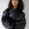 VEGAN LEATHER BUBBLE HEM BOMBER JACKET