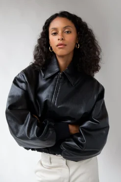 VEGAN LEATHER BUBBLE HEM BOMBER JACKET