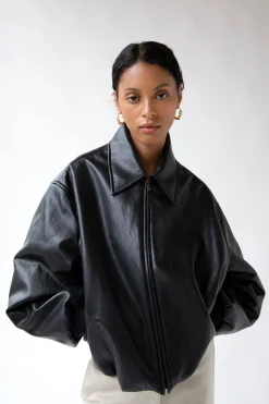 VEGAN LEATHER BUBBLE HEM BOMBER JACKET