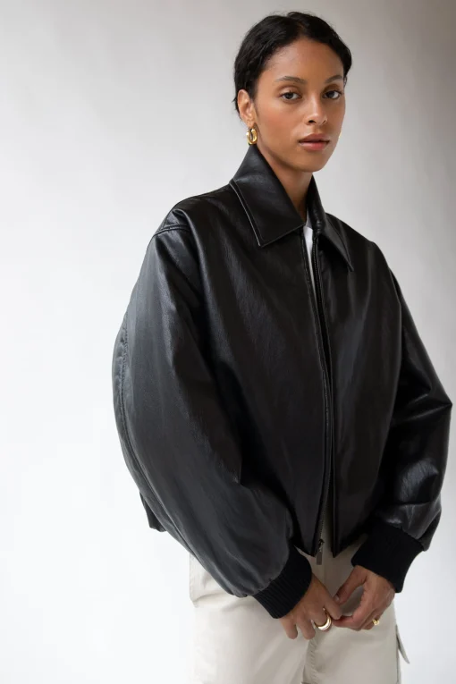 VEGAN LEATHER BUBBLE HEM BOMBER JACKET