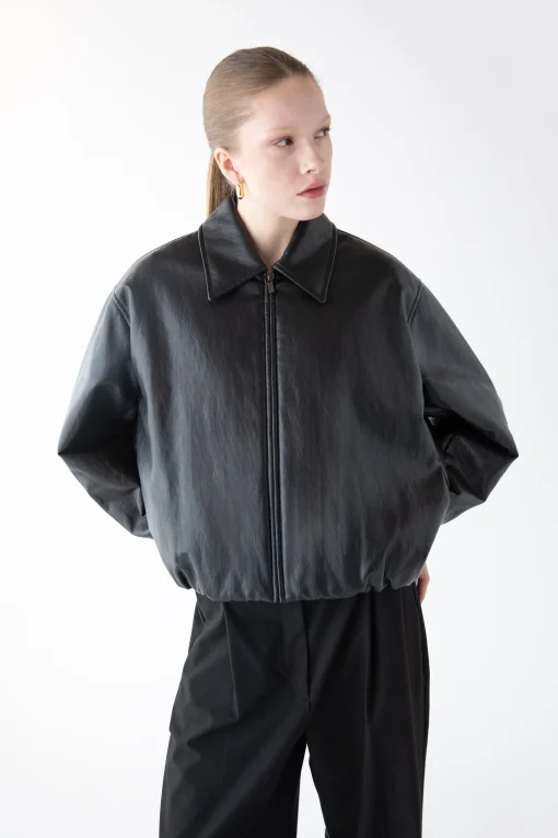 VEGAN LEATHER BUBBLE HEM BOMBER JACKET