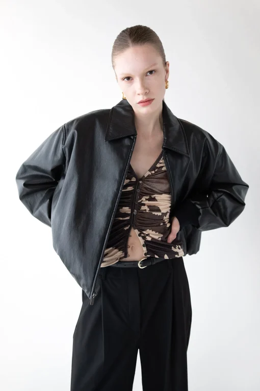 VEGAN LEATHER BUBBLE HEM BOMBER JACKET