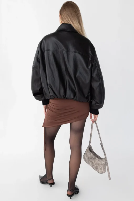 VEGAN LEATHER BUBBLE HEM BOMBER JACKET
