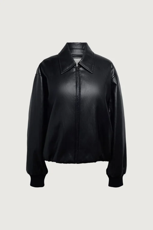 VEGAN LEATHER BUBBLE HEM BOMBER JACKET