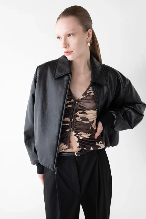 VEGAN LEATHER BUBBLE HEM BOMBER JACKET