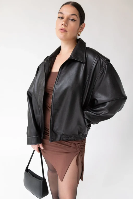 VINTAGE INSPIRED VEGAN LEATHER BOMBER JACKET