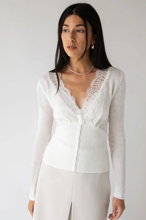 V-NECK LACE TRIM BUTTON FRONT CARDIGAN