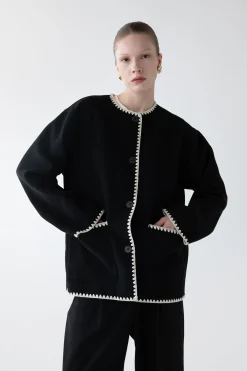 WOOL-BLEND CONTRAST STITCH SCARF JACKET