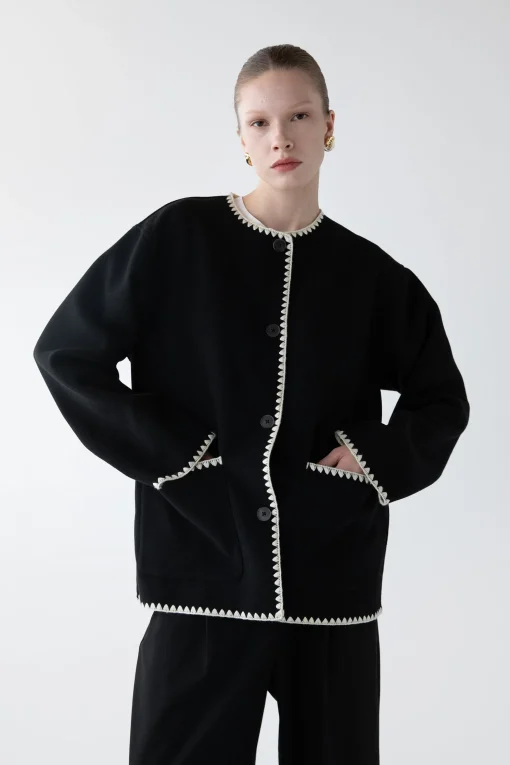 WOOL-BLEND CONTRAST STITCH SCARF JACKET
