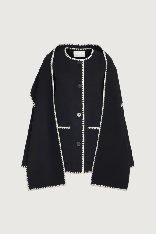 WOOL-BLEND CONTRAST STITCH SCARF JACKET